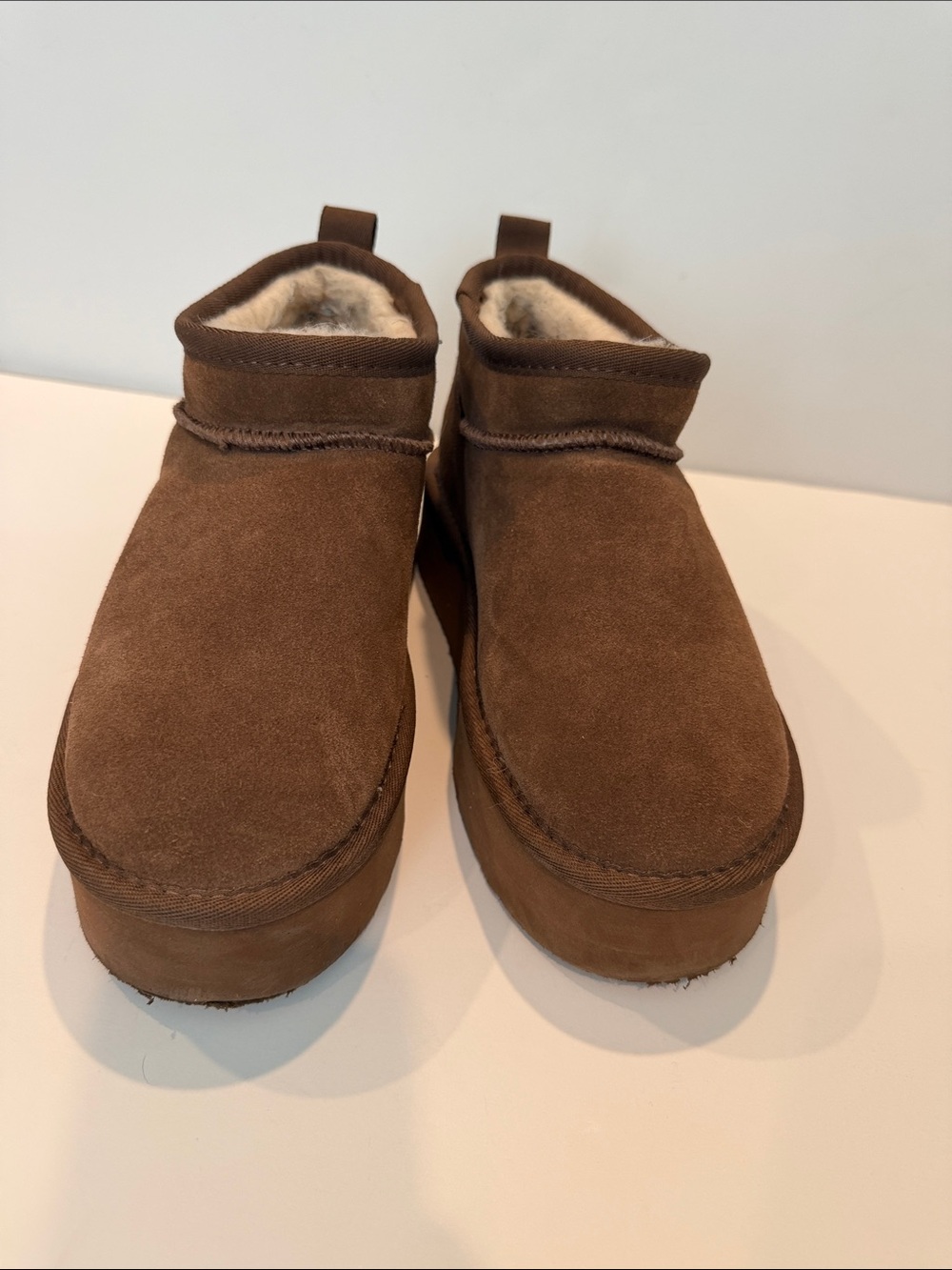 BearPaw Retro Shorty Brown Suede Platform Leather Ankle Boots Shearling Lining 8 - Picture 2 of 8